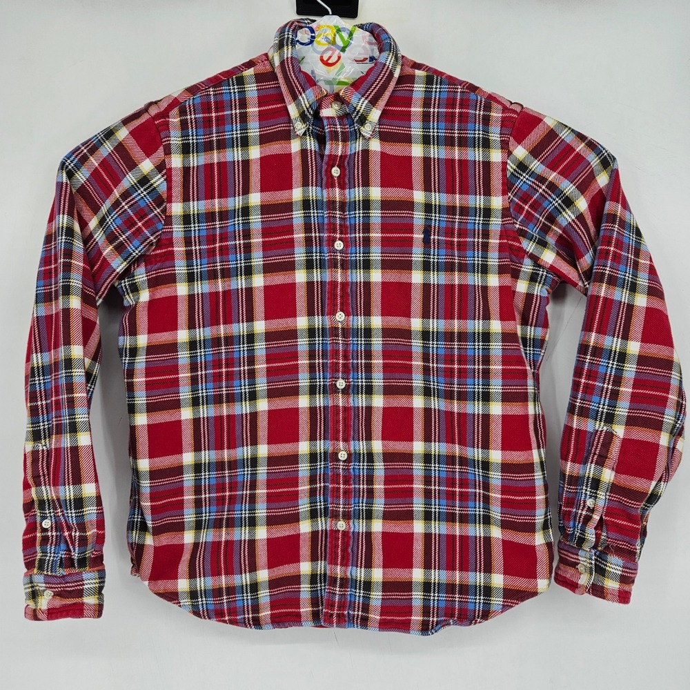 Ralph Lauren Shirt Mens Large Flannel Blue Red Plaid Untucked Fit Classic Indigo